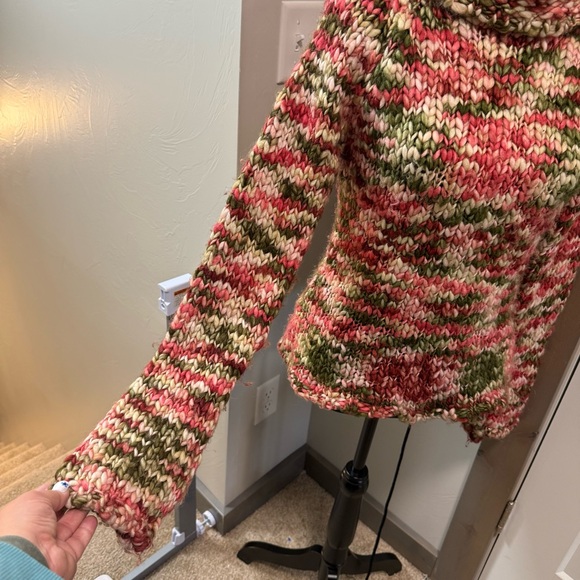 Y2K Maurices Chunky Knit Crochet Turtleneck Sweater Pullover Pink Green Tan S - Picture 3 of 6